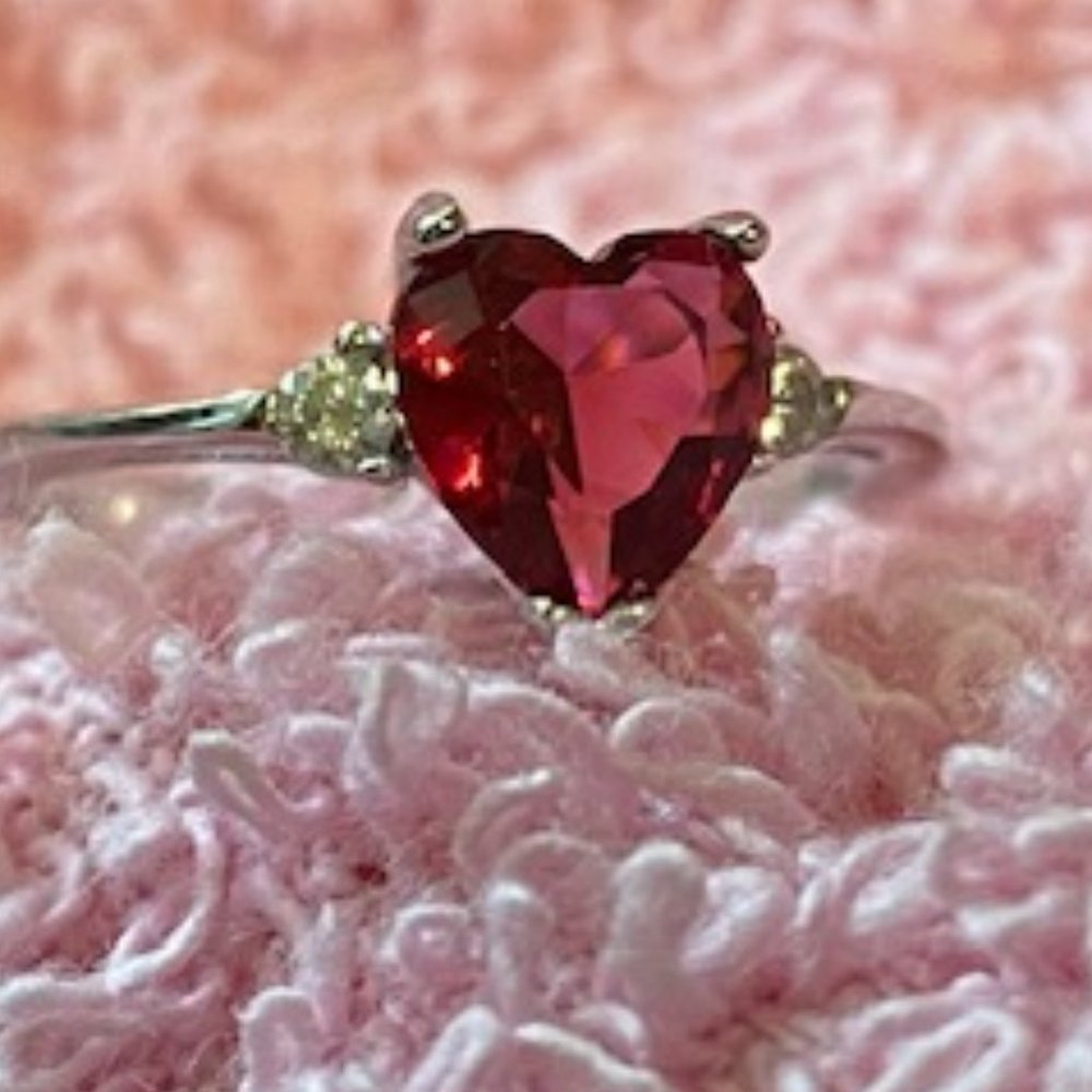 New* RASPBERRY RUBY Heart CZ STERLING SILVER Ring * sz 4 * July Birthstone